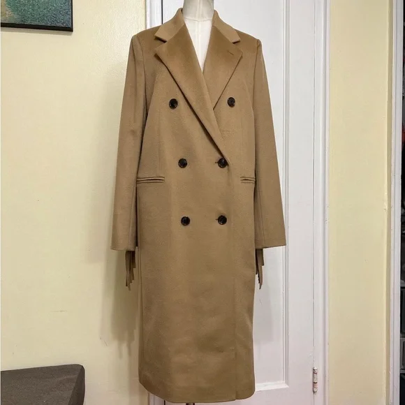 Hugo Boss Long-Line Coat in Virgin Wool with Fringe Detailing